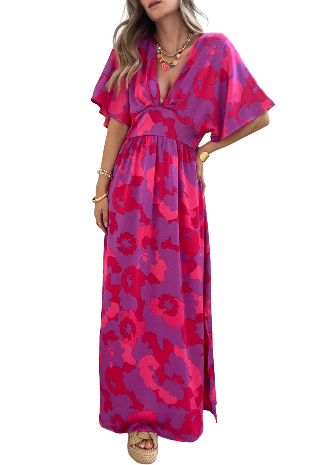 Rose Abstract Floral Print V Neck Dolman Split Maxi Dress