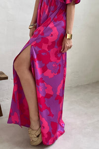 Rose Abstract Floral Print V Neck Dolman Split Maxi Dress