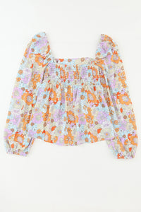 Orange Floral Square Neck Puff Sleeve Babydoll Blouse