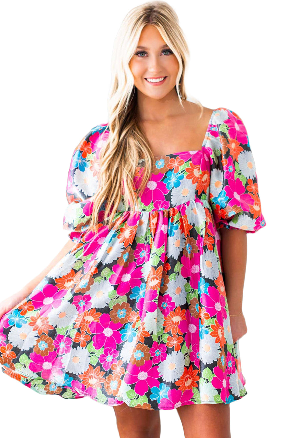 Rose Floral Print Square Neck Short Puff Sleeve Dress