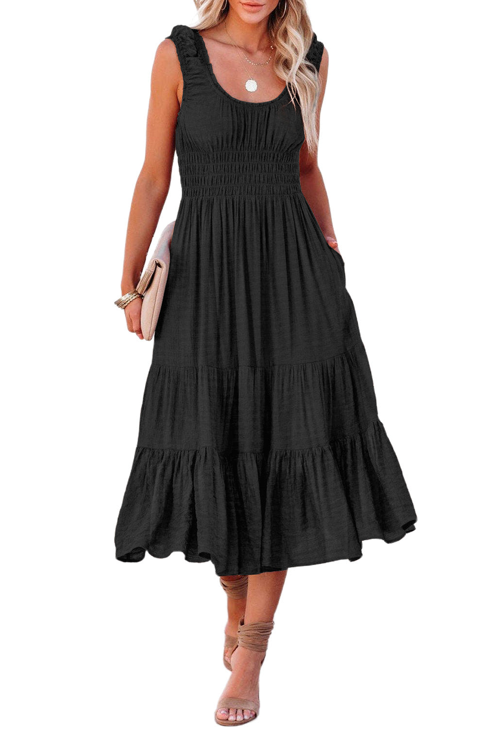 Black U-Neck Sleeveless Ruched Tiered Ruffled Midi Dress