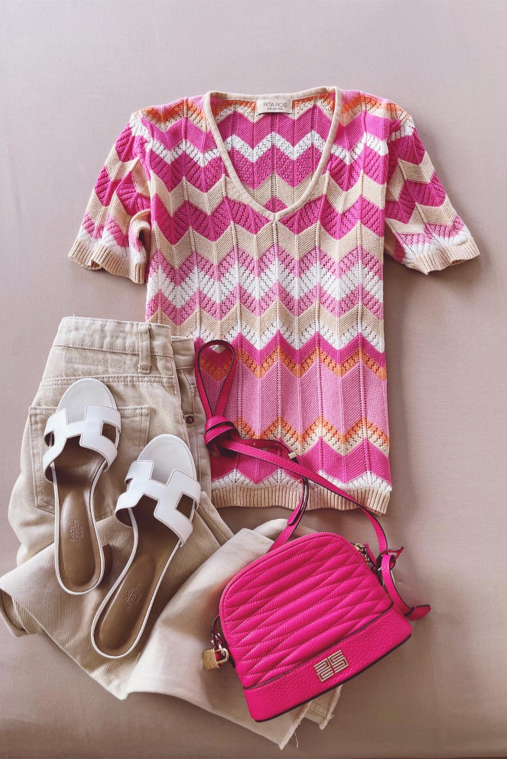 Pink Chevron Pattern Pointelled Knit V Neck Short Sleeve T-shirt