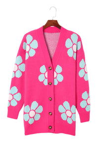 Pink Floral Pattern Drop Shoulder Button Up Cardigan