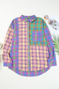 Purple Plaid Colorblock Pockets Button Up Shacket