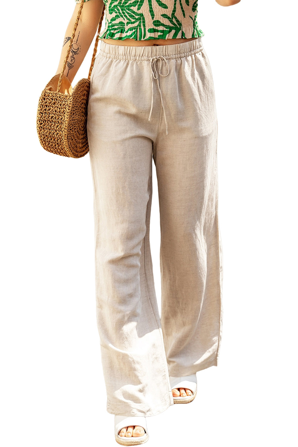 Apricot Linen Elastic Drawstring Waist Loose Pants