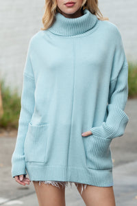 Blue Pockets Turtleneck Ribbed Oversized Sweater