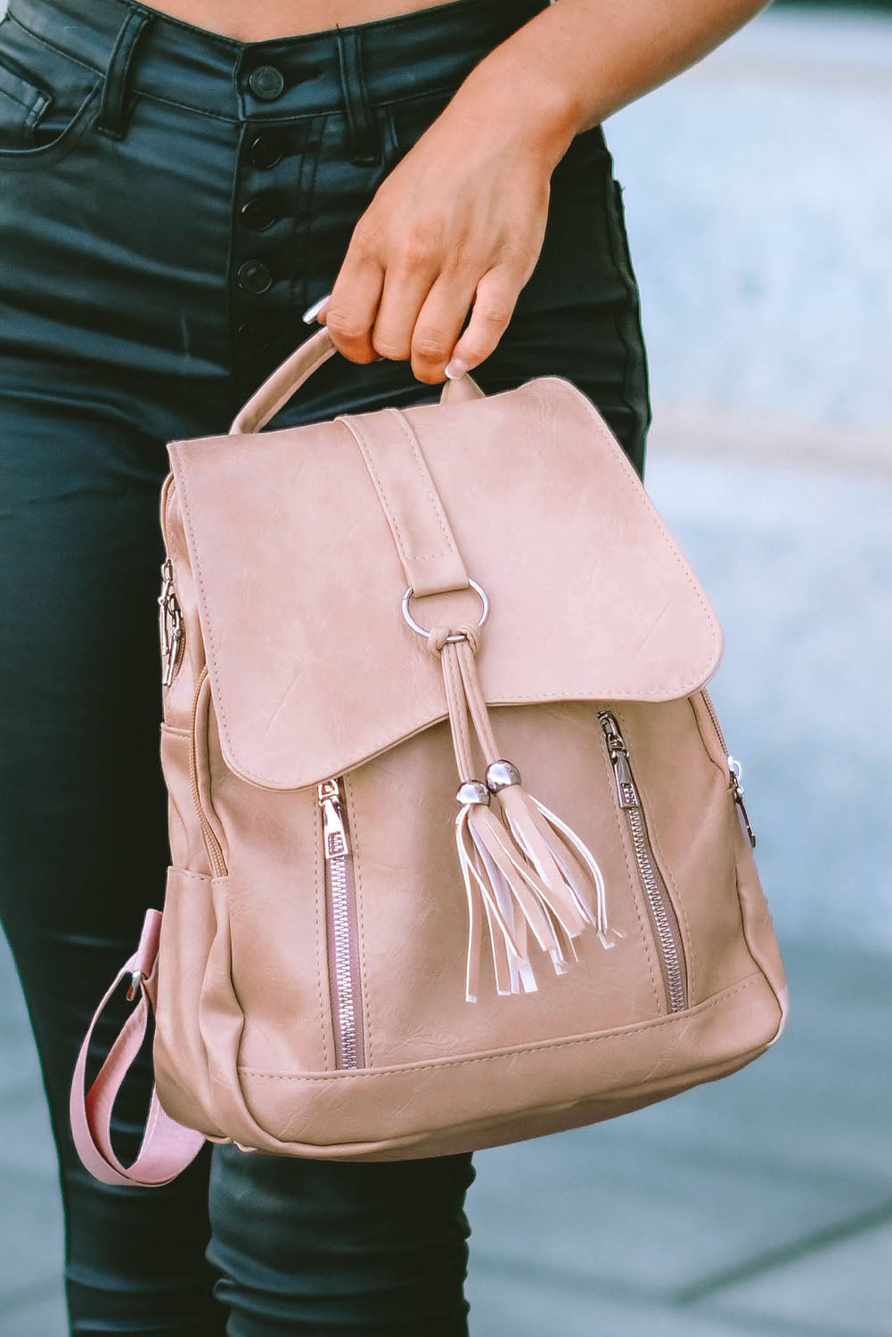 Pink Casual Multifunctional Flap Faux Leather Backpack