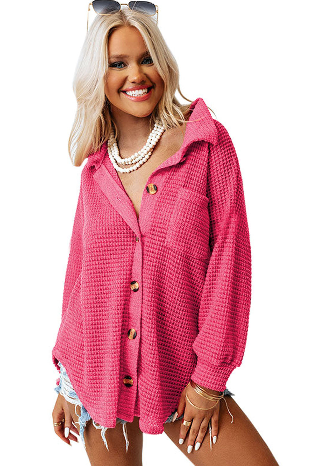 Hot Pink Pocket Buttons Front Waffle Knit Shacket