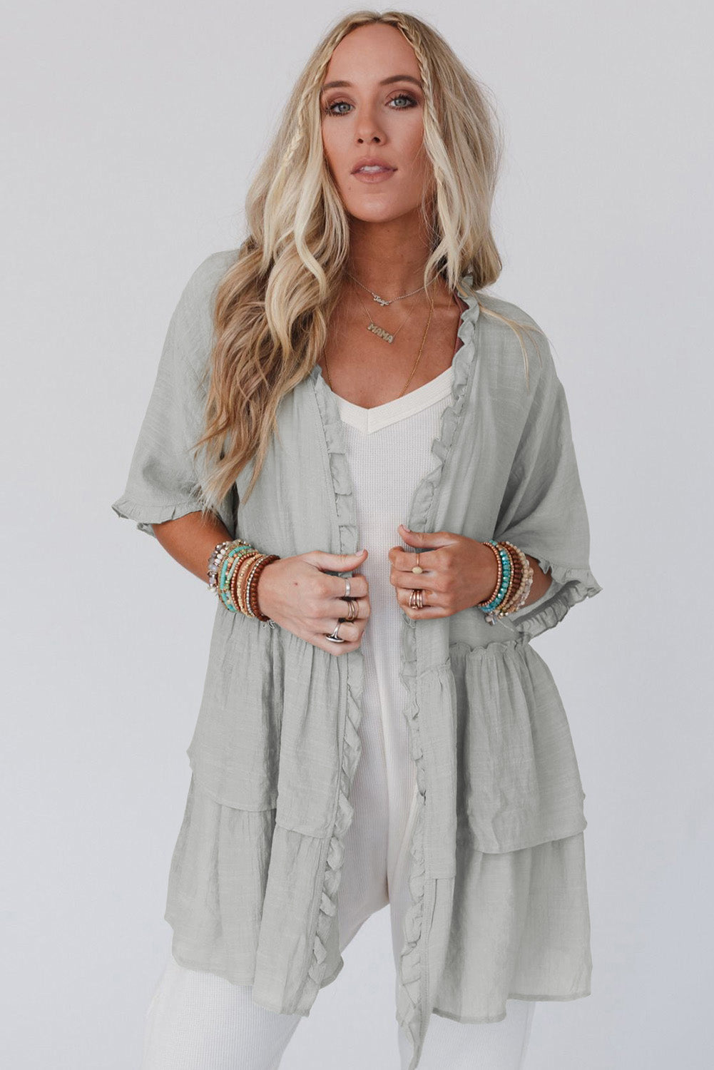 Pink Ruffled Trim Short Sleeve Open Front Kimono