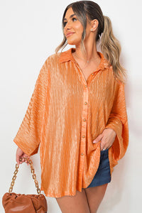 Orange Textured Button Up Batwing Sleeve Shirt