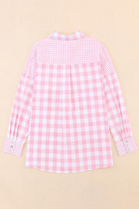 Pink Mix Checked Pocket Patchwork Long Sleeve Shacket