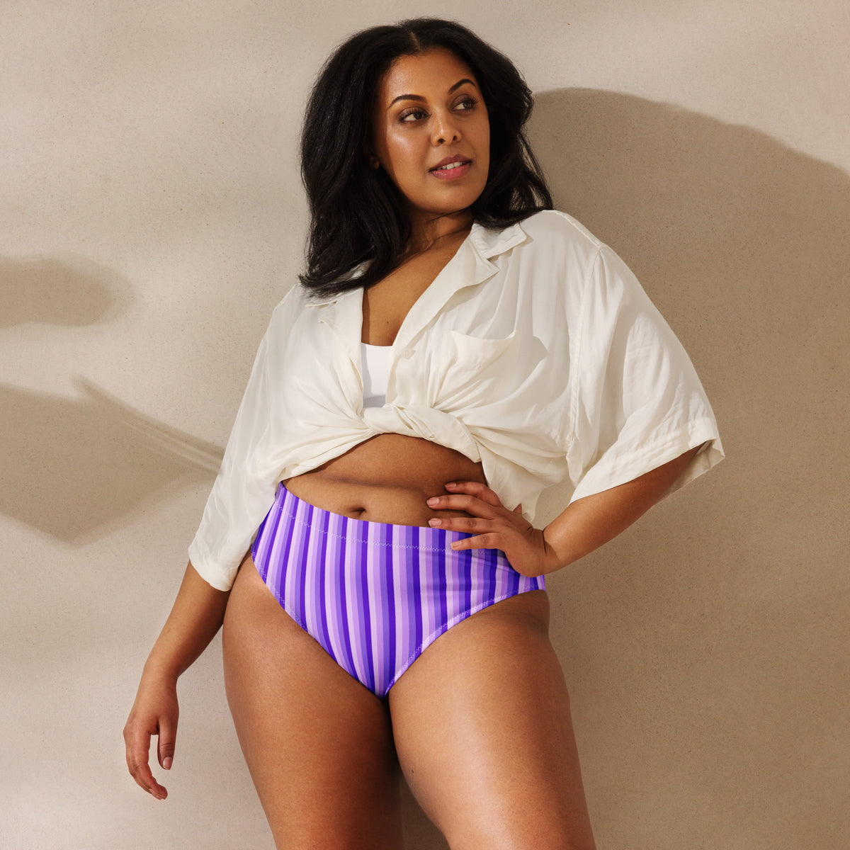 MIAMI ECO HIGH WAISTED BIKINI BOTTOM - PURPLE STRIPES