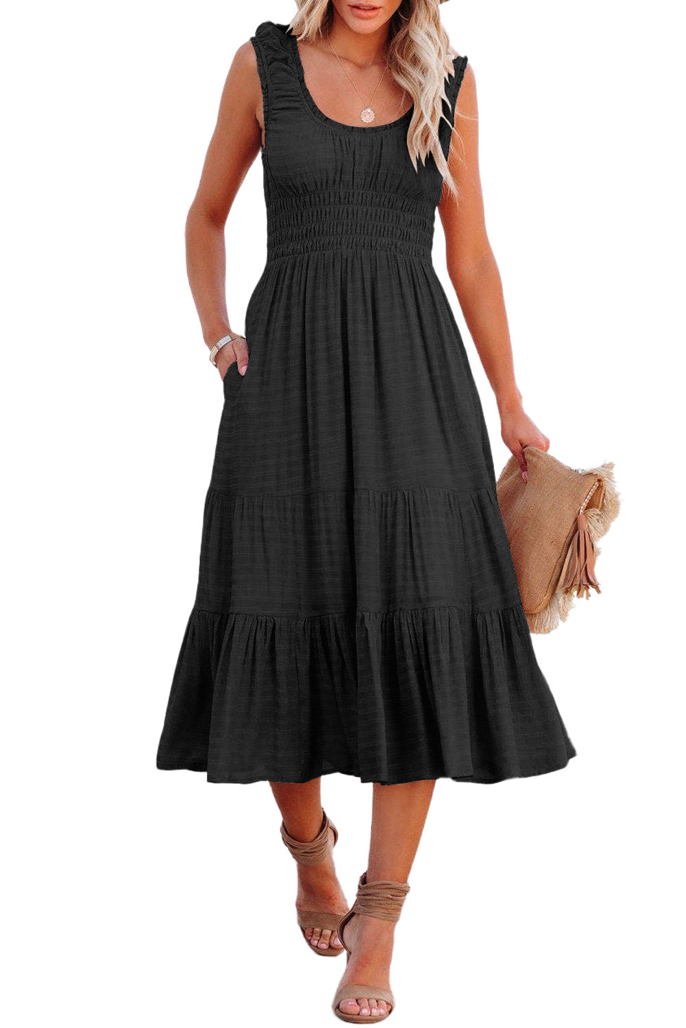 Black U-Neck Sleeveless Ruched Tiered Ruffled Midi Dress