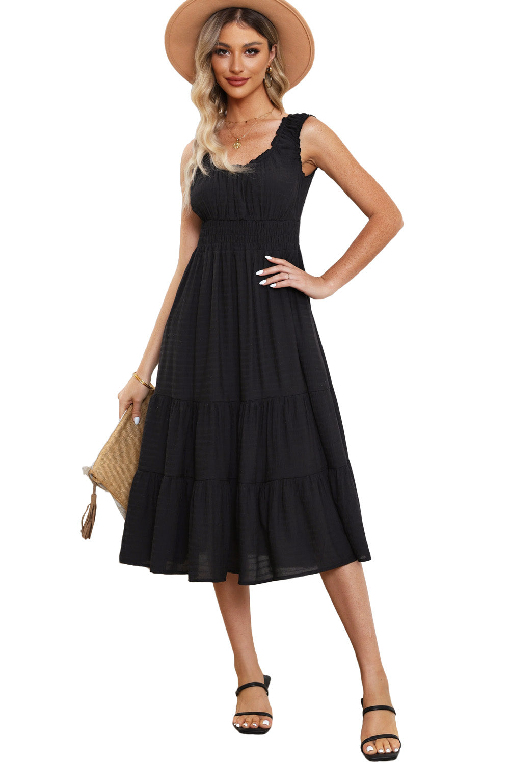 Black U-Neck Sleeveless Ruched Tiered Ruffled Midi Dress