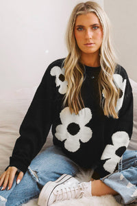 Black Flower Pattern Ribbed Trim Knit Round Neck Sweater