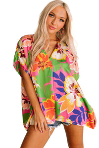 Pink Floral Print V Neck Oversized Short Sleeve Blouse