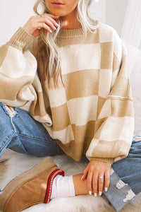 Pink Checked Bishop Sleeve Pullover Sweater