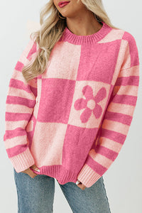 Pink Checkered and Striped Knitted Pullover Sweater