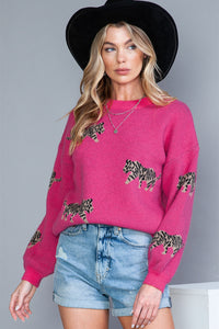 Rose Red Leopard Pattern Drop Shoulder Knit Sweater