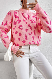 Pirouette Leopard Pattern Mock Neck Ribbed Trim Sweater