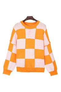 Pink Checked Bishop Sleeve Pullover Sweater