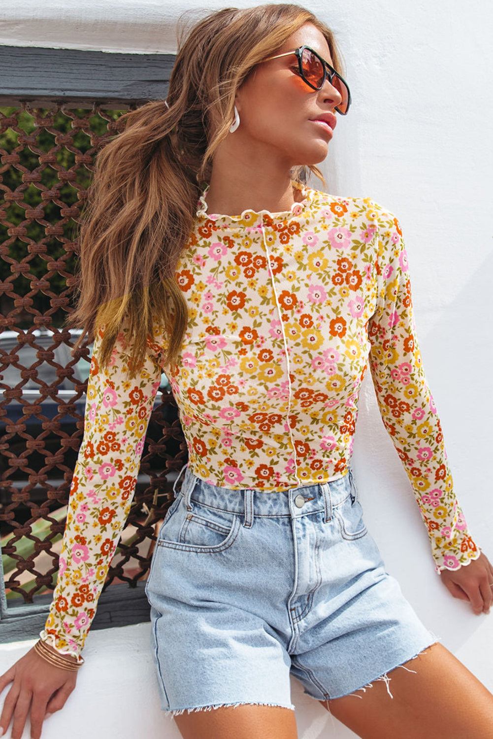 Multicolor Floral Frill Neck Boho Long Sleeve Blouse