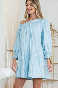 Sky Blue Puff Sleeve Asymmetric Pleated Flowy Mini Dress