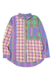 Purple Plaid Colorblock Pockets Button Up Shacket