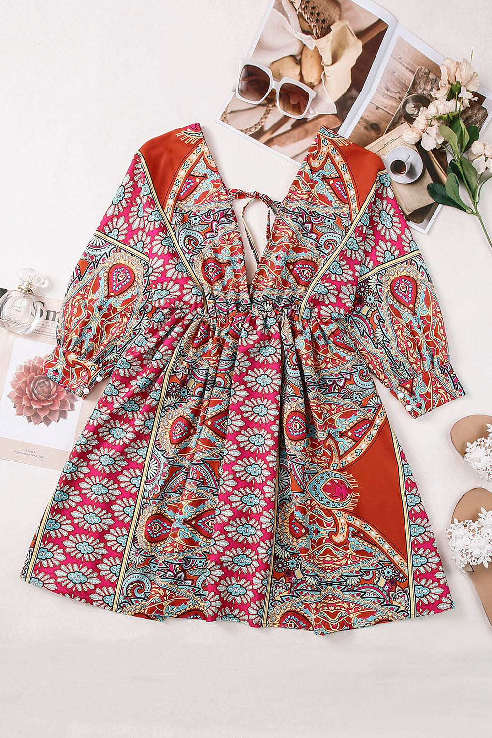 Multicolor Sexy Plunge Neckline 3/4 Sleeve Tie Back Boho Dress