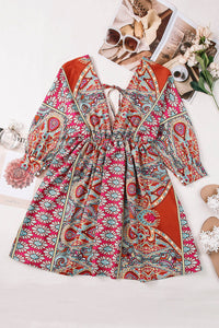 Multicolor Sexy Plunge Neckline 3/4 Sleeve Tie Back Boho Dress