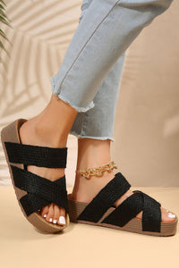 Beige Woven Criss Cross Strap Platform Slip-on Sandals