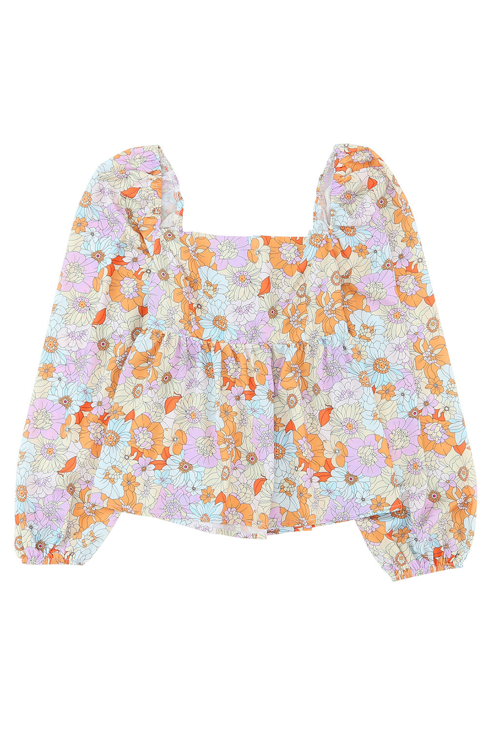 Orange Floral Square Neck Puff Sleeve Babydoll Blouse