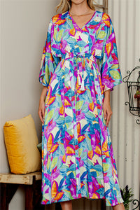 Multicolour Abstract Print High Waist V Neck Maxi Dress