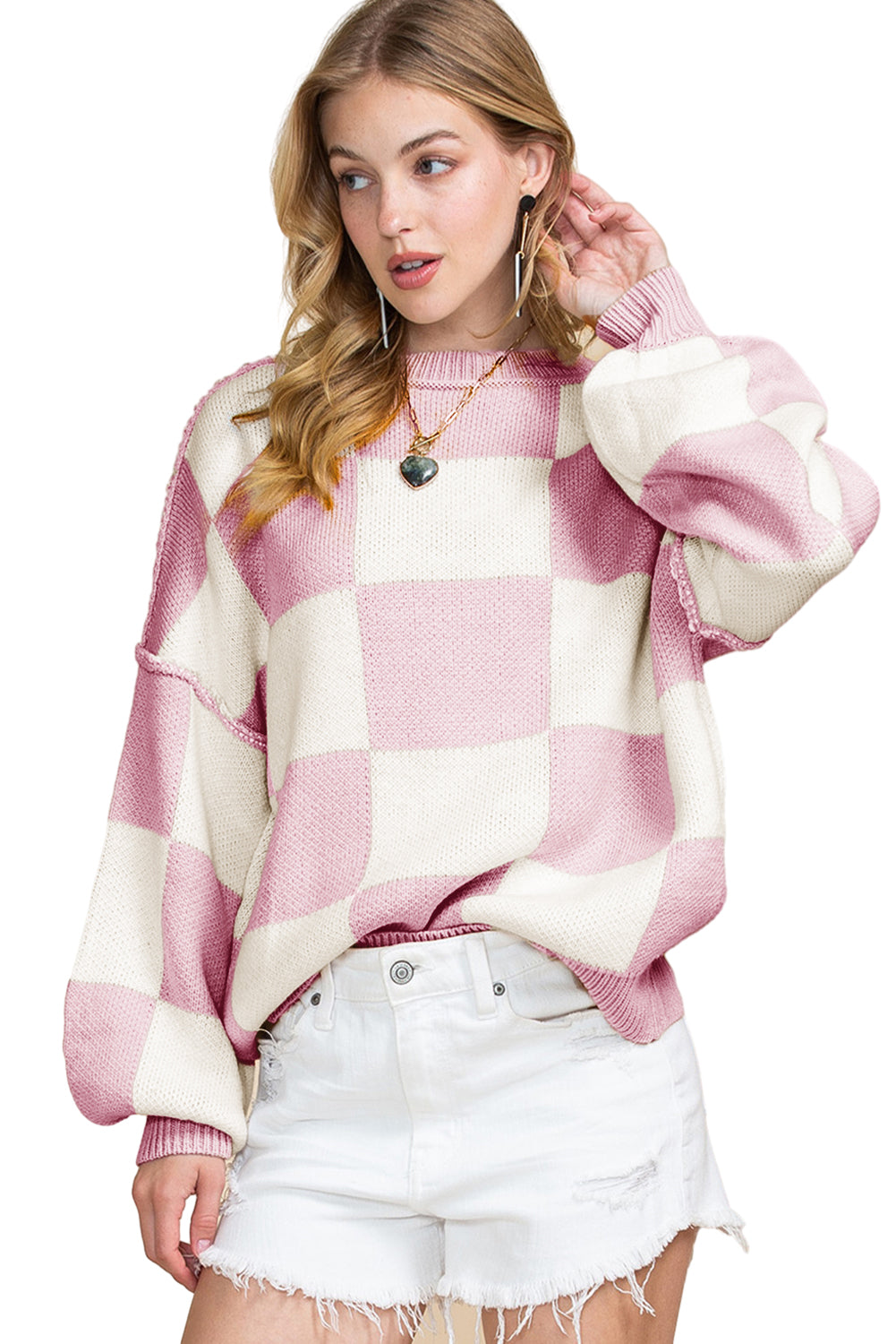 Pink Checked Bishop Sleeve Pullover Sweater