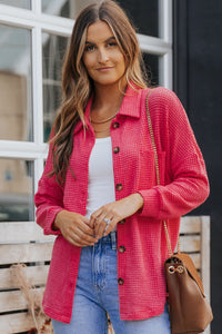 Hot Pink Pocket Buttons Front Waffle Knit Shacket