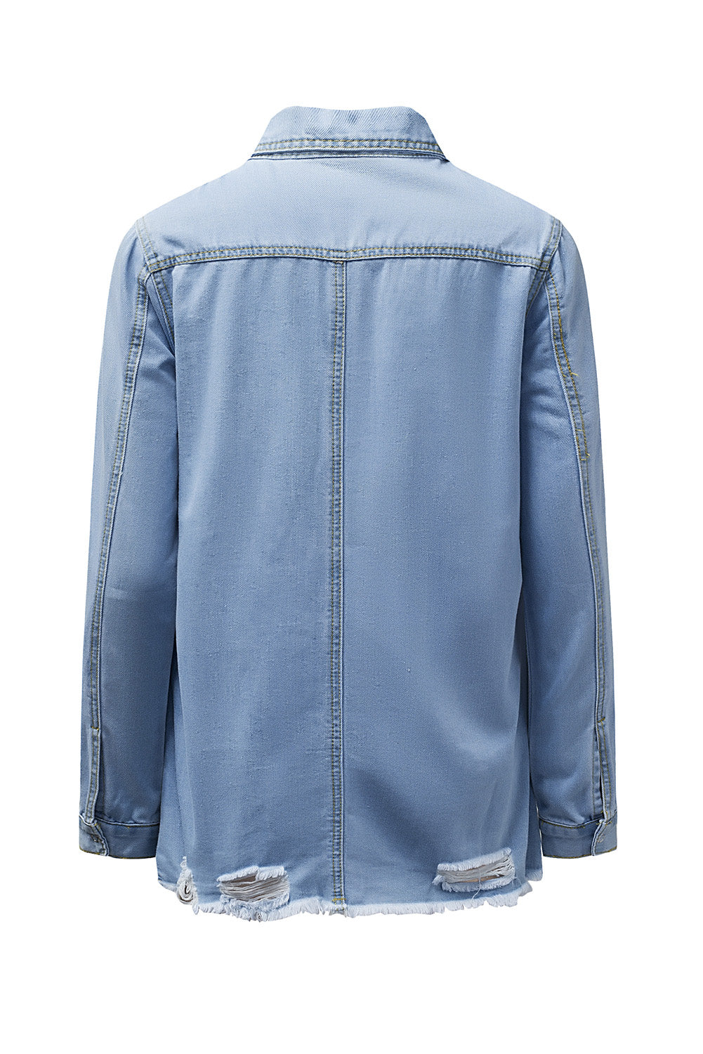 Light Blue Ripped Raw Hem Casual Button Up Denim Shacket