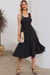 Black U-Neck Sleeveless Ruched Tiered Ruffled Midi Dress