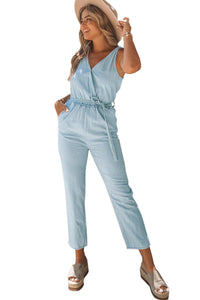 Light Blue Casual Pocketed Sleeveless Belted Waist Jumpsuit