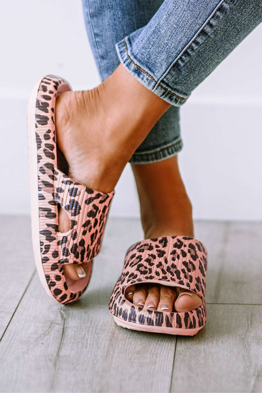 Pink Leopard Cloud Slides Thick Sole Flat Slippers