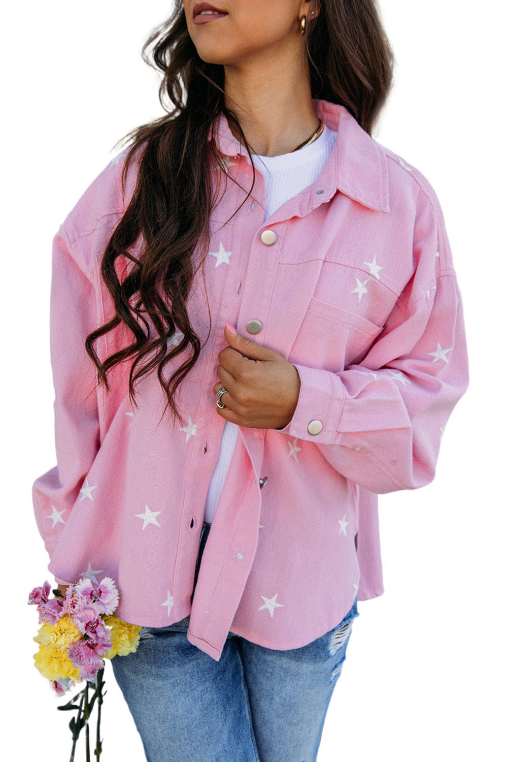 Pink Star Print Pocketed Batwing Sleeve Denim Jacket