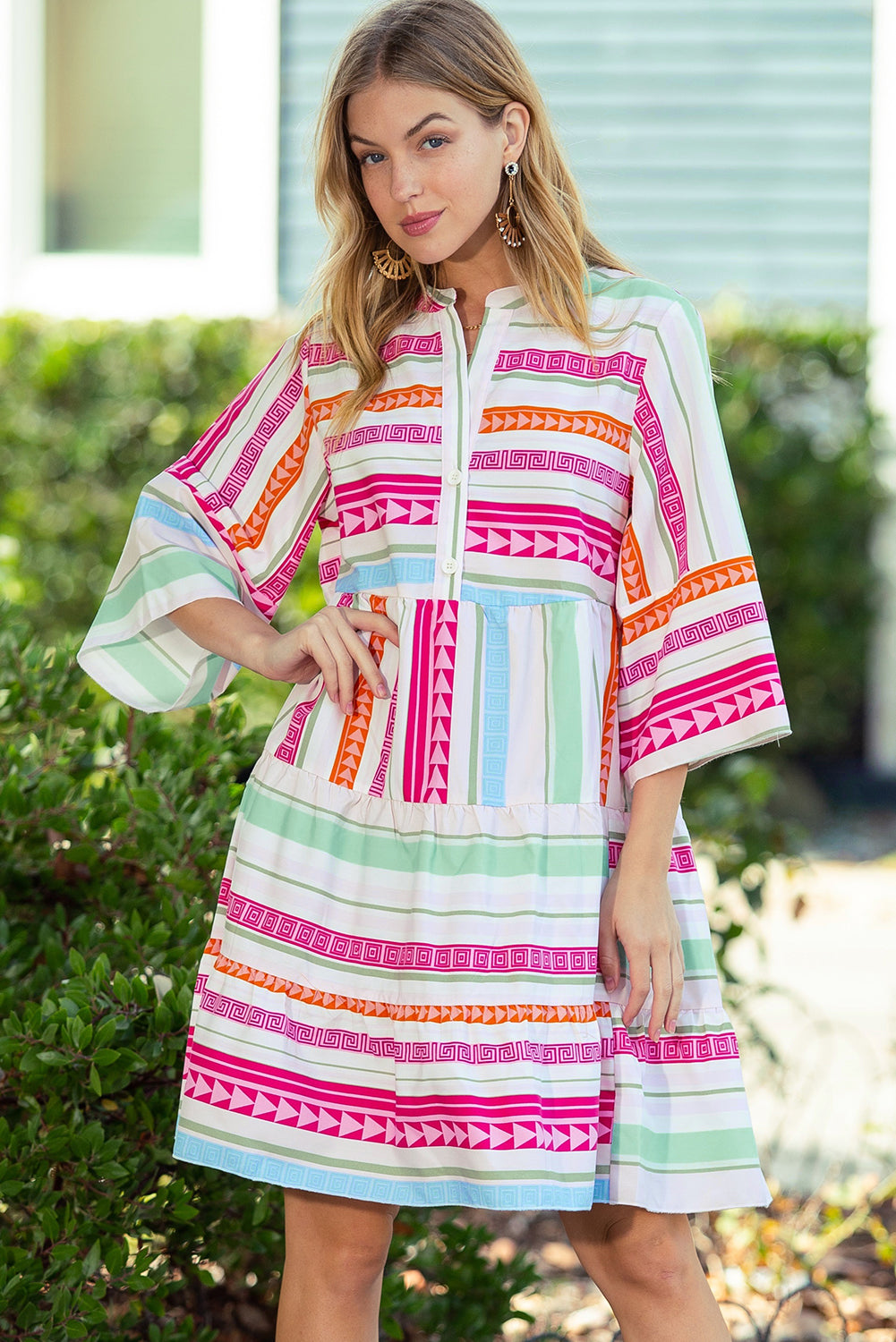 Multicolour Geometric Pattern Ruffle Tiered Mini Dress