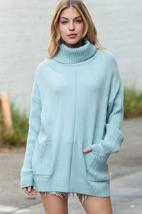 Blue Pockets Turtleneck Ribbed Oversized Sweater