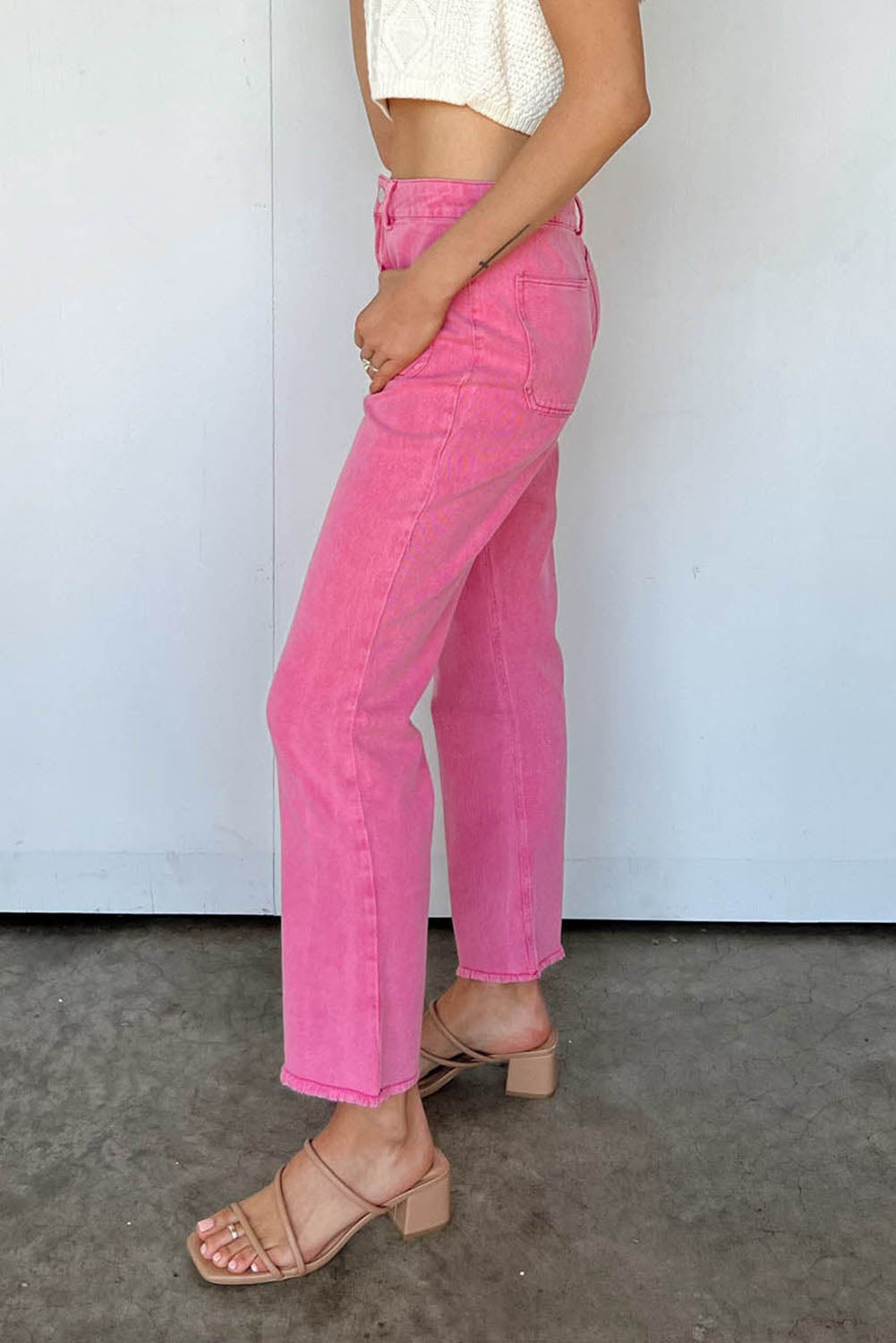 Pink Raw Hem Light Wash Flare Mid Rise Pants