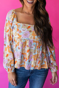 Orange Floral Square Neck Puff Sleeve Babydoll Blouse