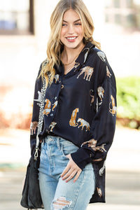 Rose Red Animal Print Button Up Satin Shirt