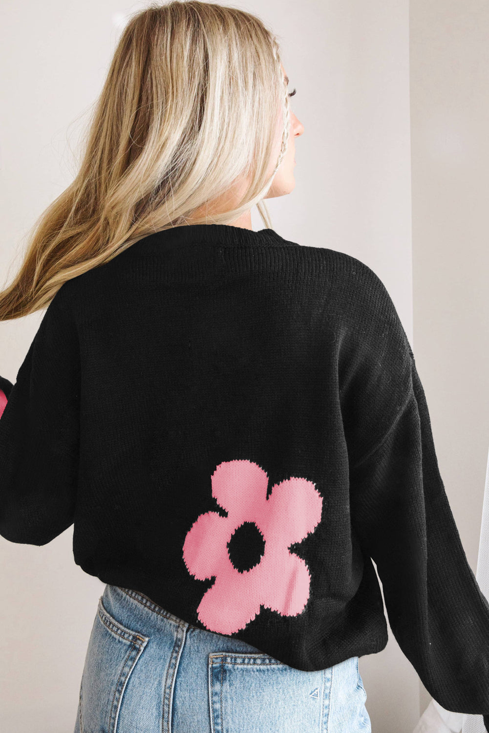 Black Flower Pattern Ribbed Trim Knit Round Neck Sweater