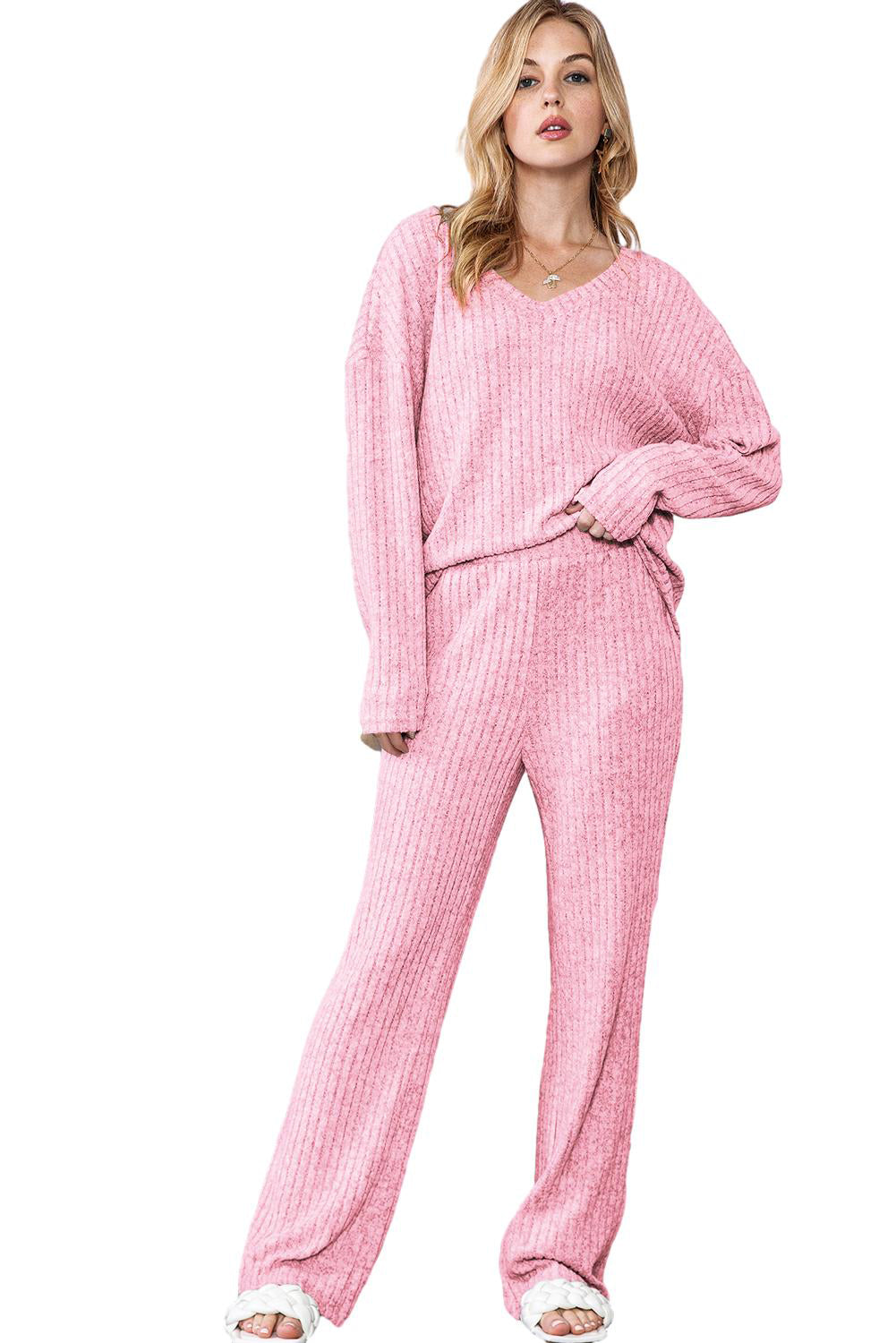 Light Pink Slouchy Ribbed Knit V Neck Top & Pants Loungewear Set