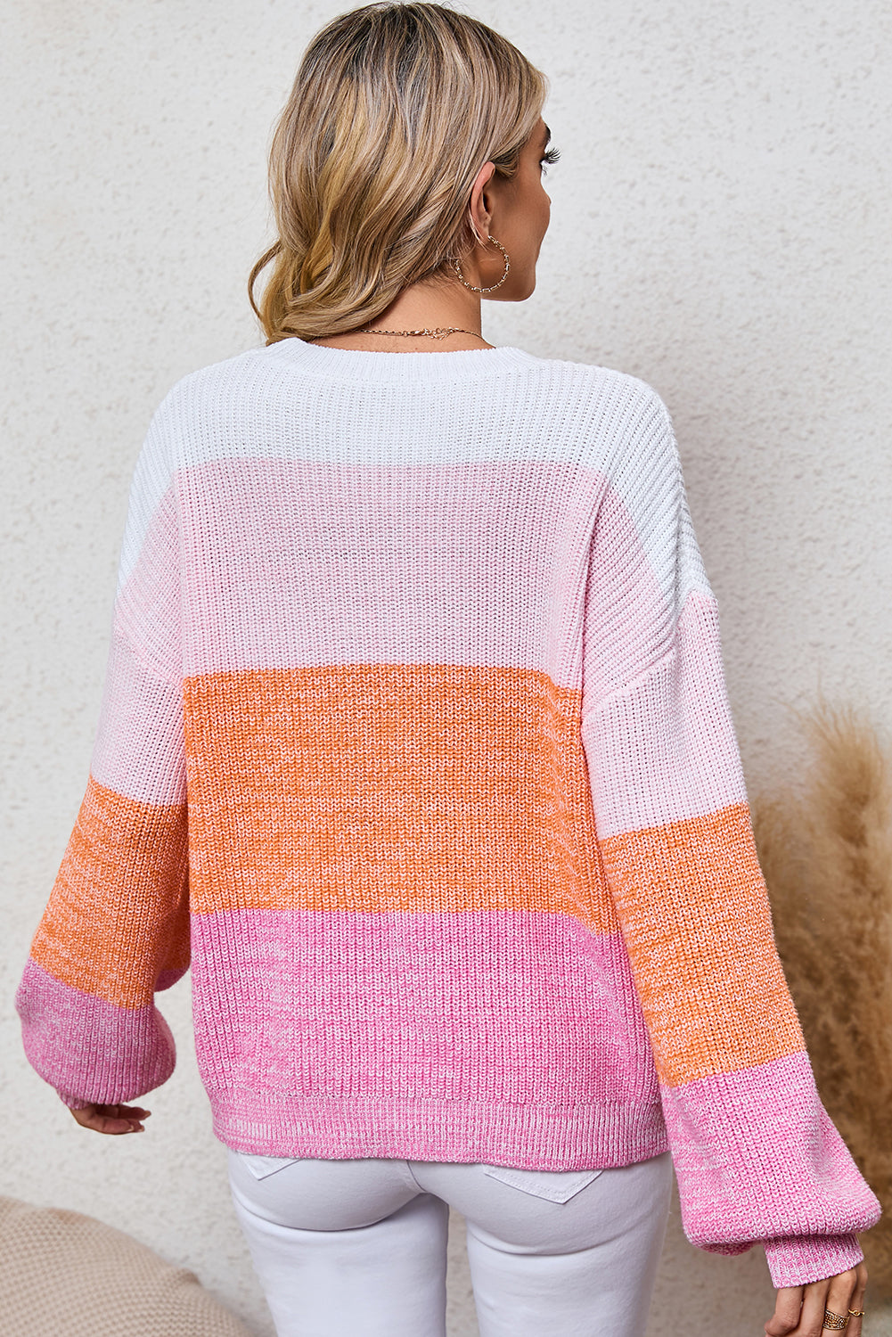 Pink Colorblock Drop Shoulder Pullover Loose Sweater