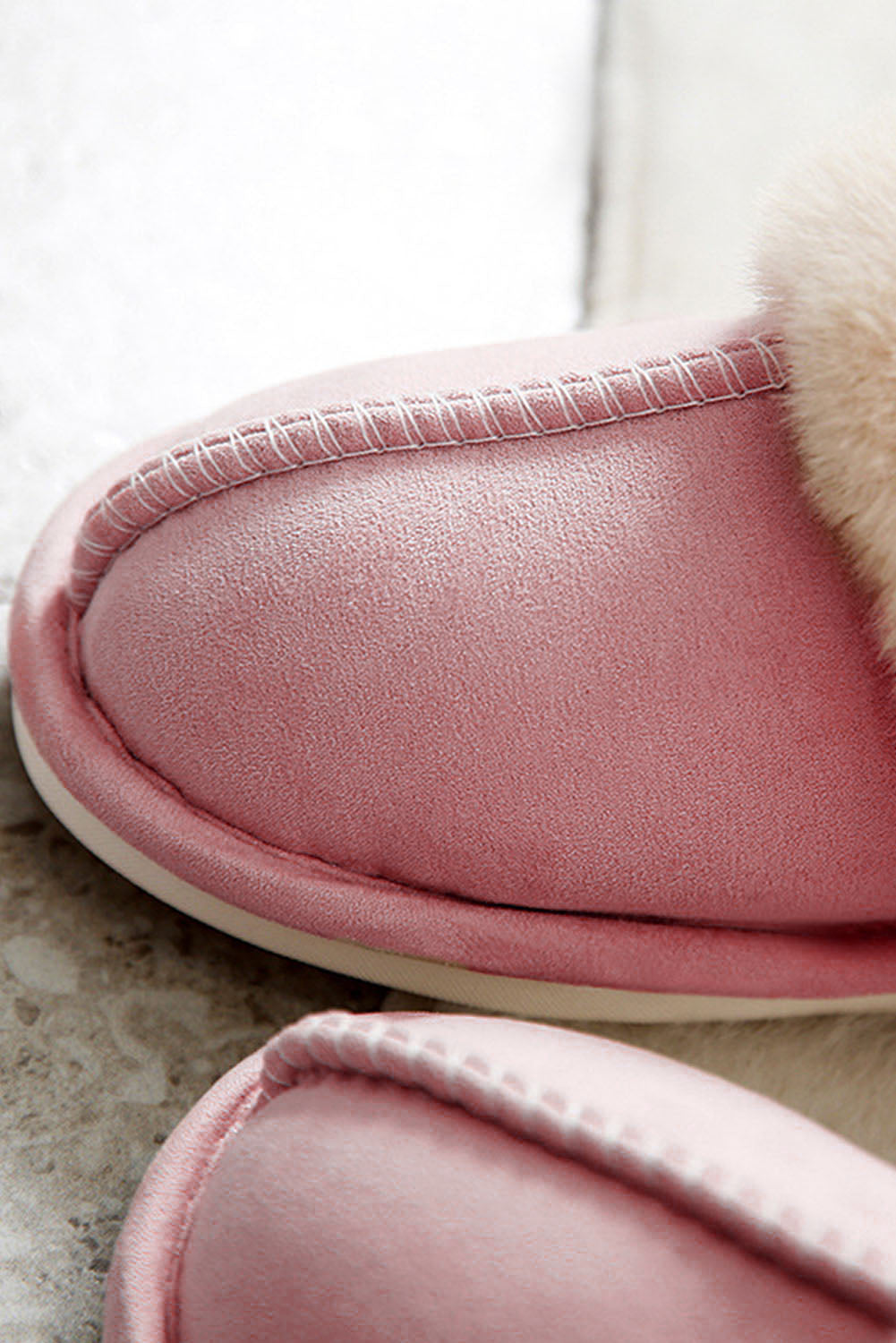 Pink Khaki Faux Suede Plush Lined Slip on Slippers