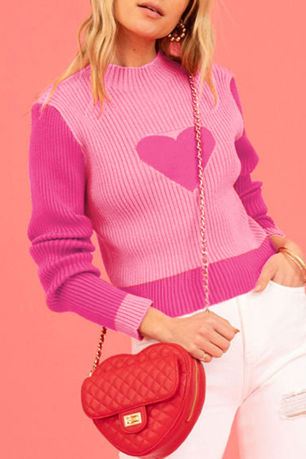 Bright Pink Valentine Colorblock Heart Print Ribbed Sweater